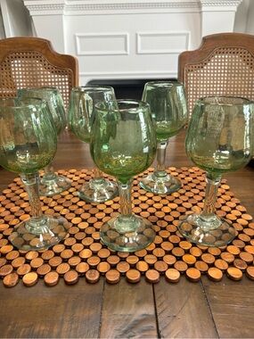Six vintage hand blown green studio wine goblets